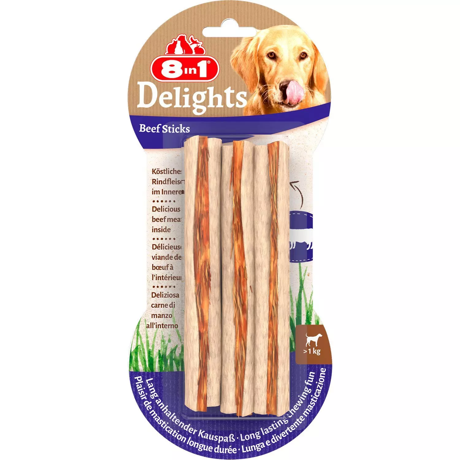Лакомство для собак мелких и средних пород 8в1 Delights Beef Sticks Палочки из из говяжьей кожи с говядиной, 13 см, 3 шт./уп.